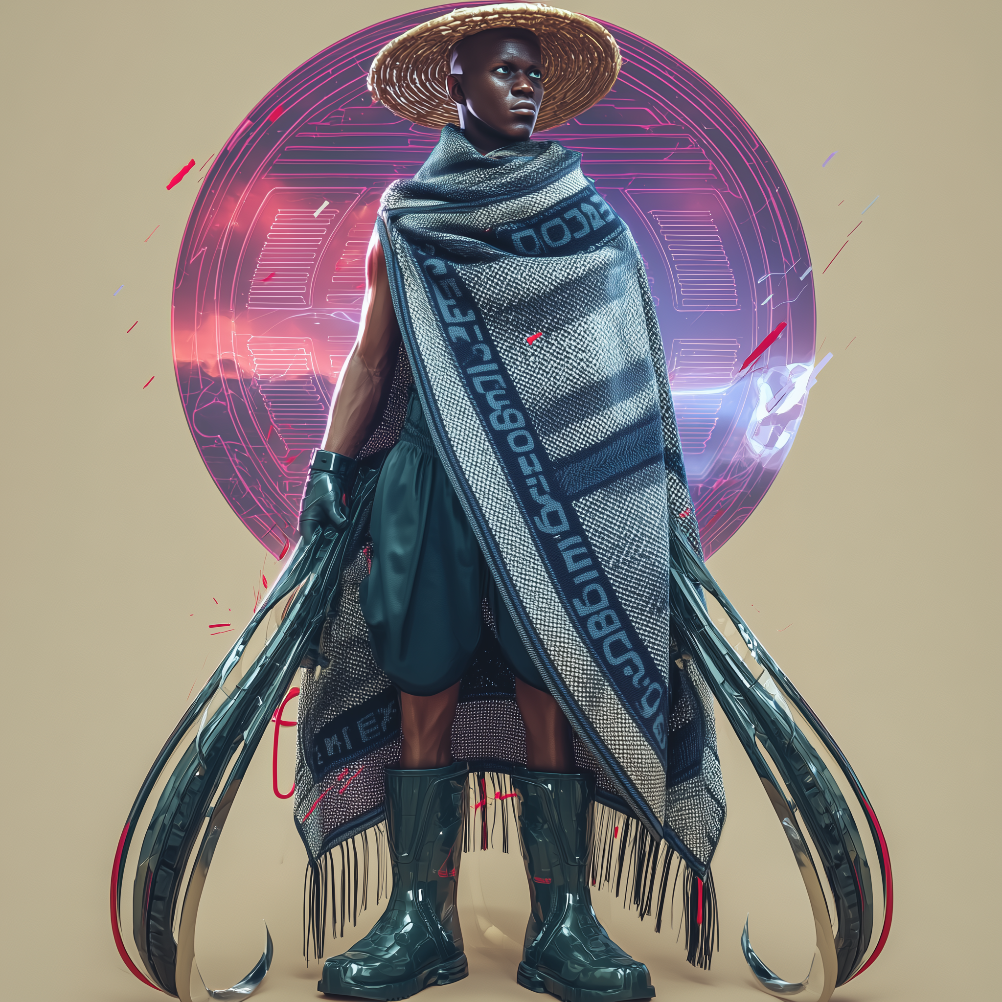 Ruthless Basotho Warrior in a Cyberpunk Landscape