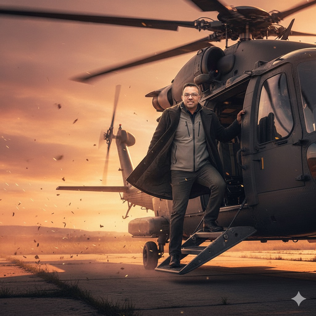Ultra-realistic Cinematic Scene: Confident Figure Boarding Helicopter
