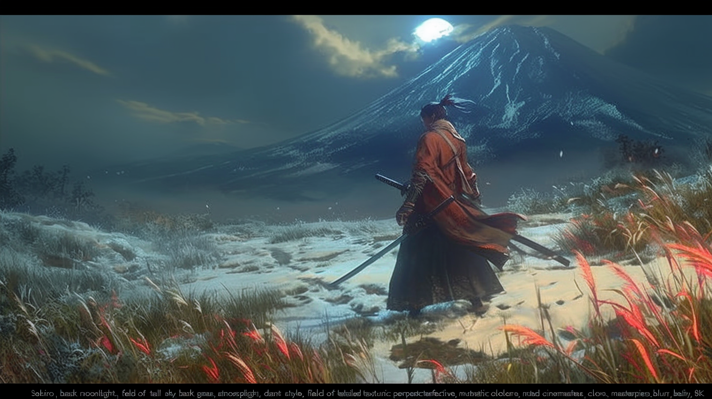 Sekiro in Red Coat with Katana under Moonlight