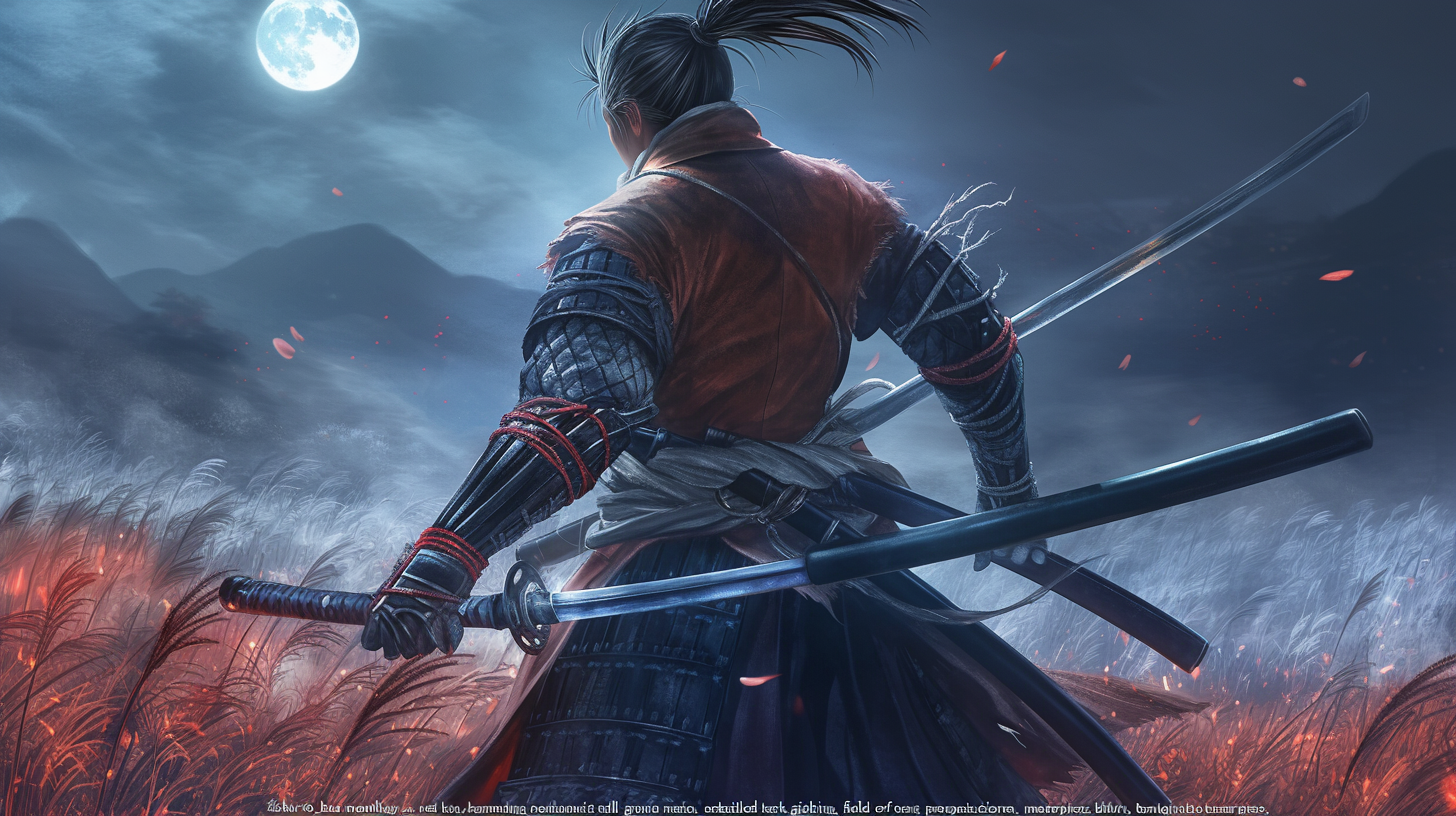Sekiro Standing in Moonlit Field with Katana