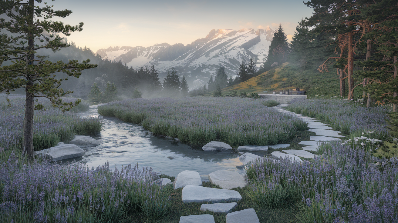 Serene Alpine Garden with Tranquil Stone Path