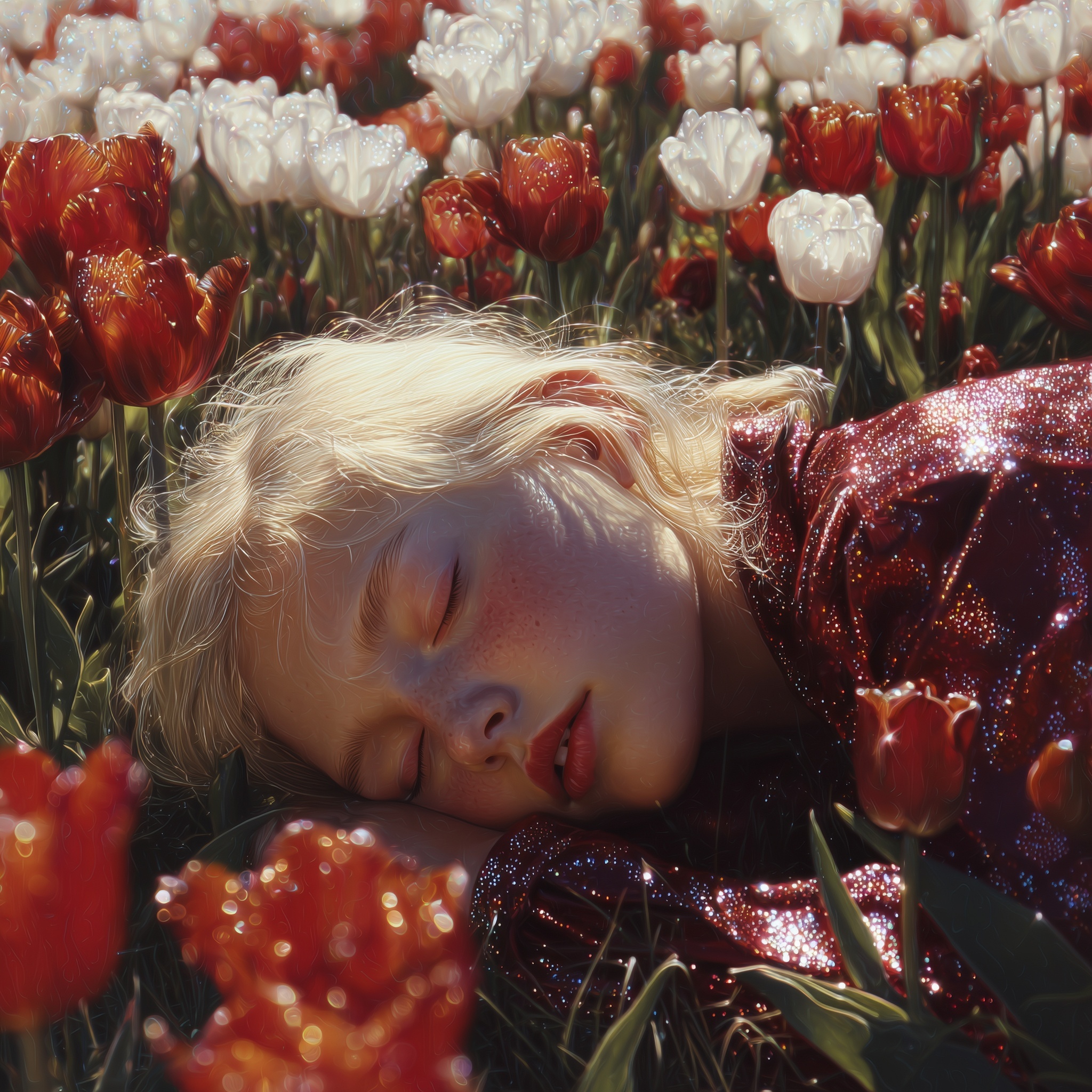 Serene Dream: Blonde Girl in Tulip Field