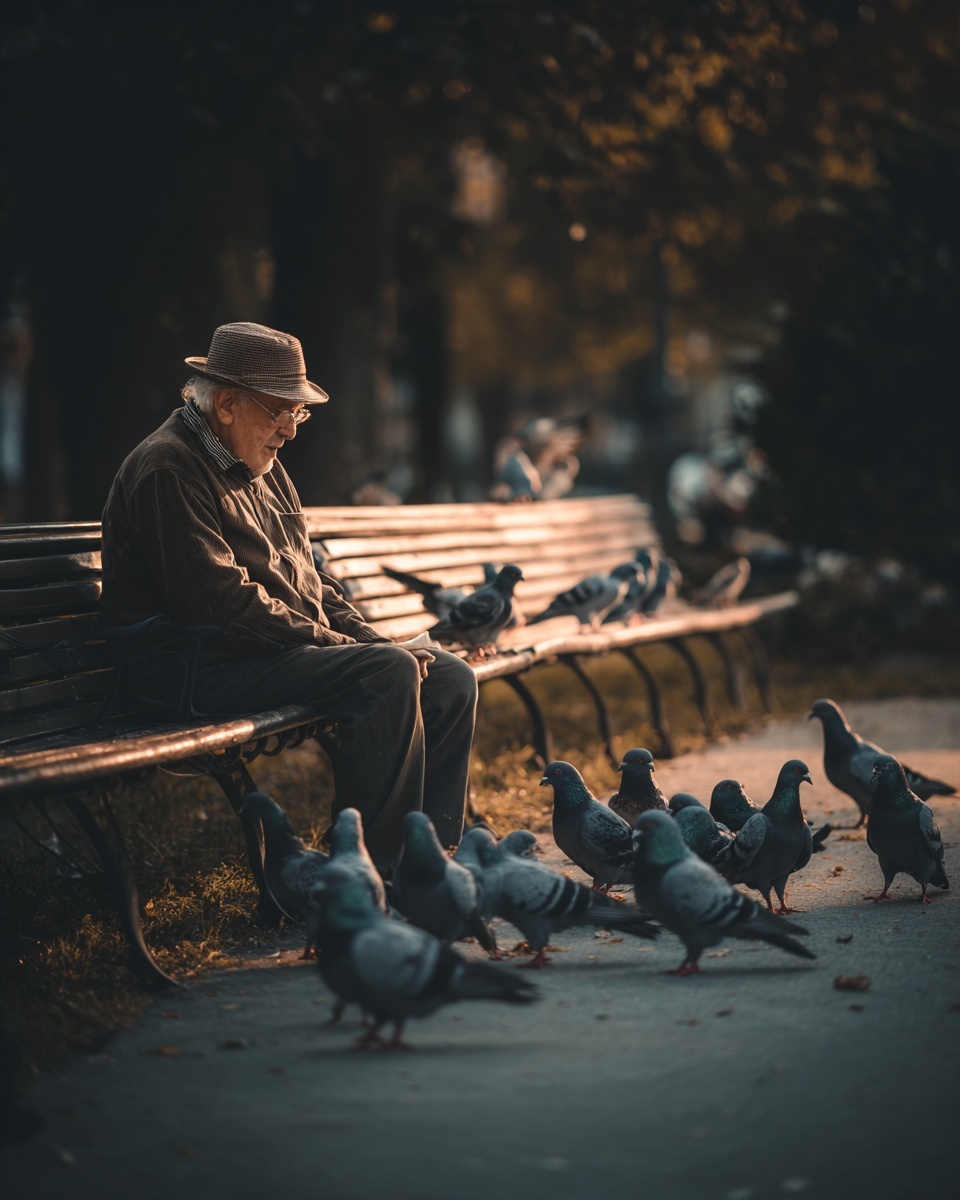 Serene Moments: Elderly Man Feeds Pigeons in Park