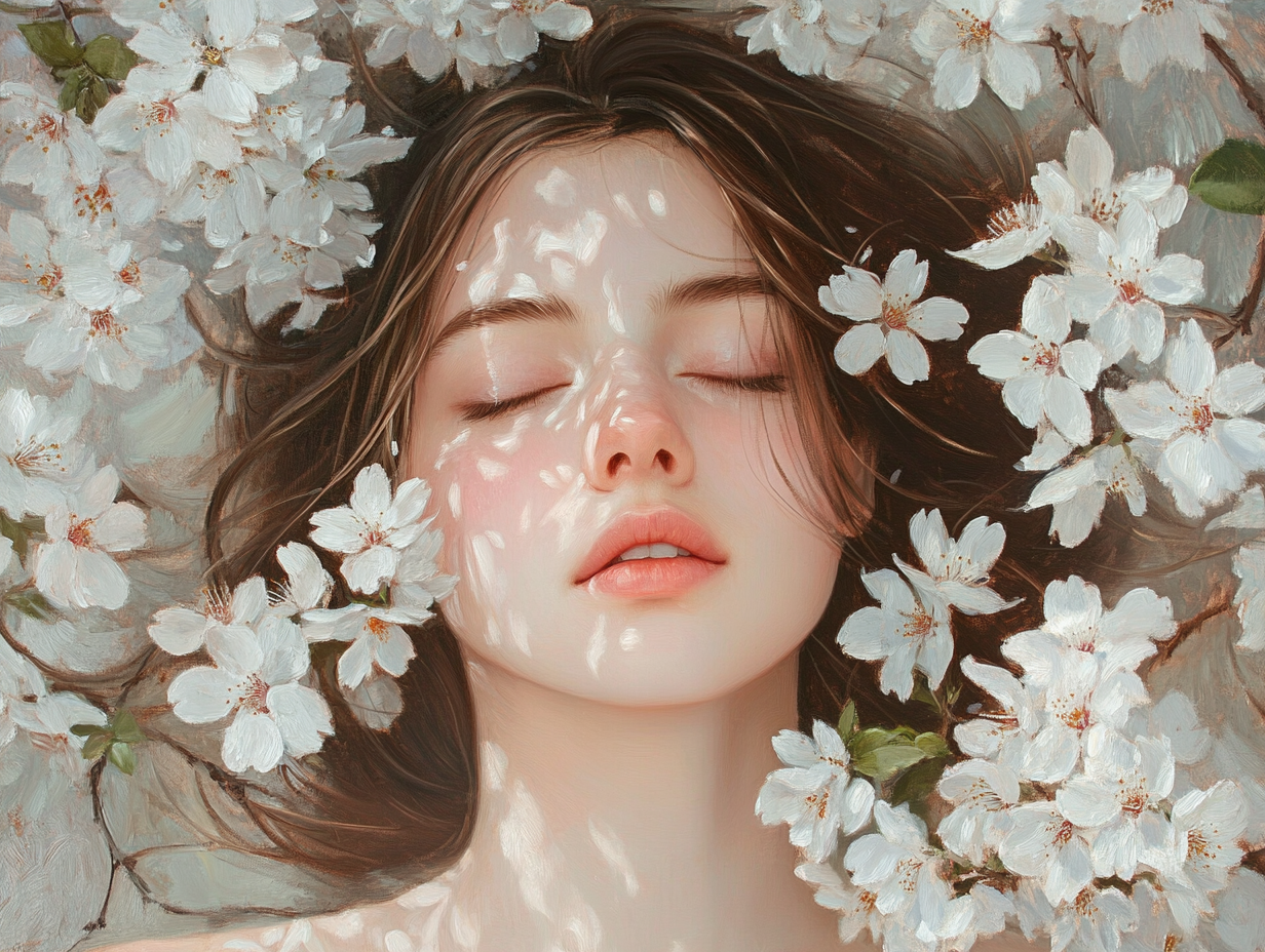 Serene Young Woman Among Cherry Blossoms