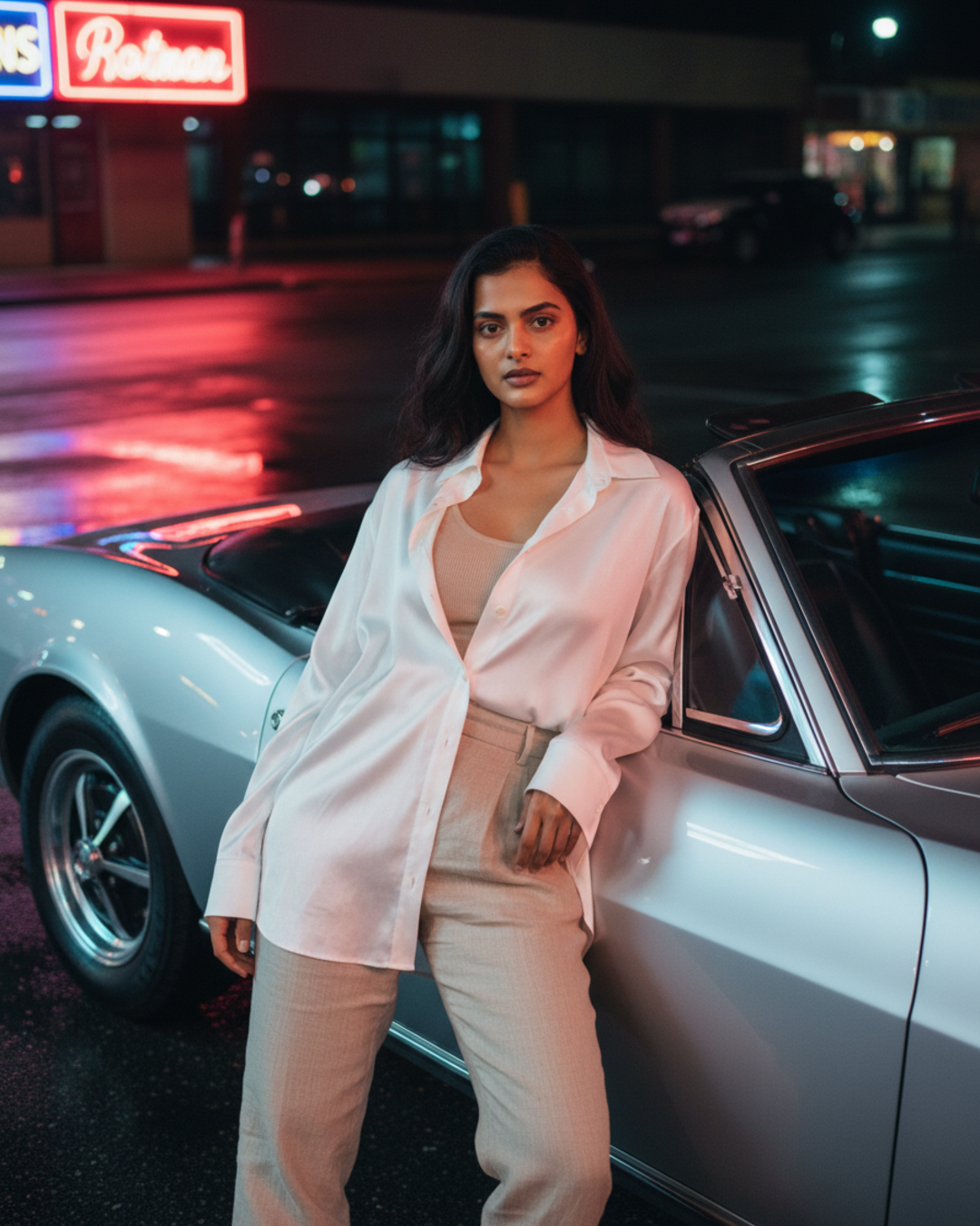 Vintage Convertible Night Scene with Neon Glow