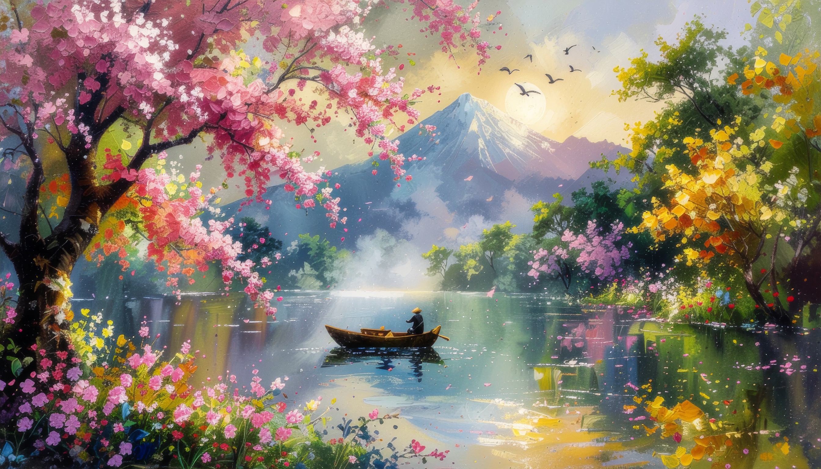 Soft pastel colors, a serene landscape, a tranquil lake reflecting the first light of dawn, mist rising from the water, distant mountains silhouetted against the brightening sky, a lone tree in the fo