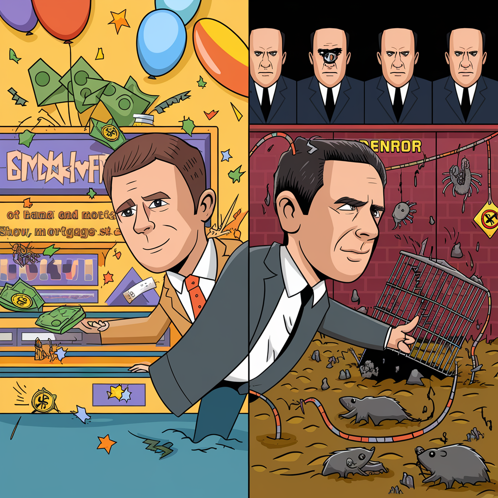 Split-Screen Satirical Illustration of 1995 Mortgage Game Show vs 2025 Renter Survival Horror