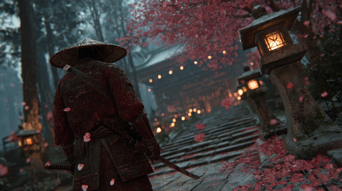 Stoic Samurai Drawing Katana at Misty Mountain Shrine