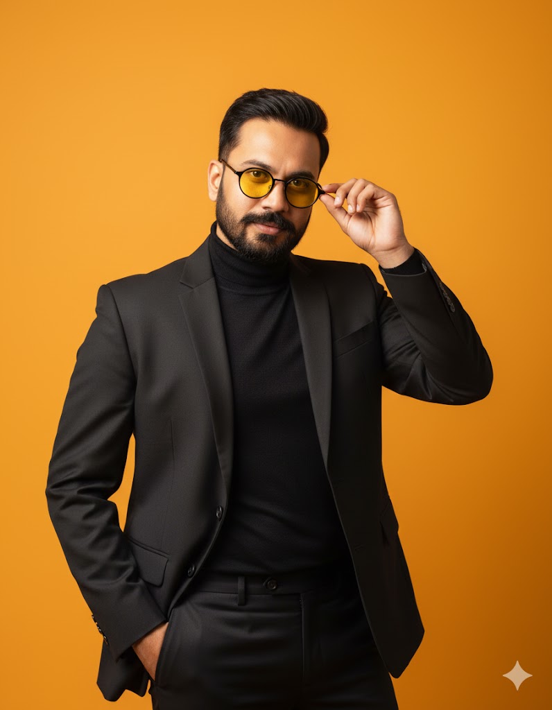 Studio Photoshoot: Black Suit, Turtleneck, Yellow Sunglasses