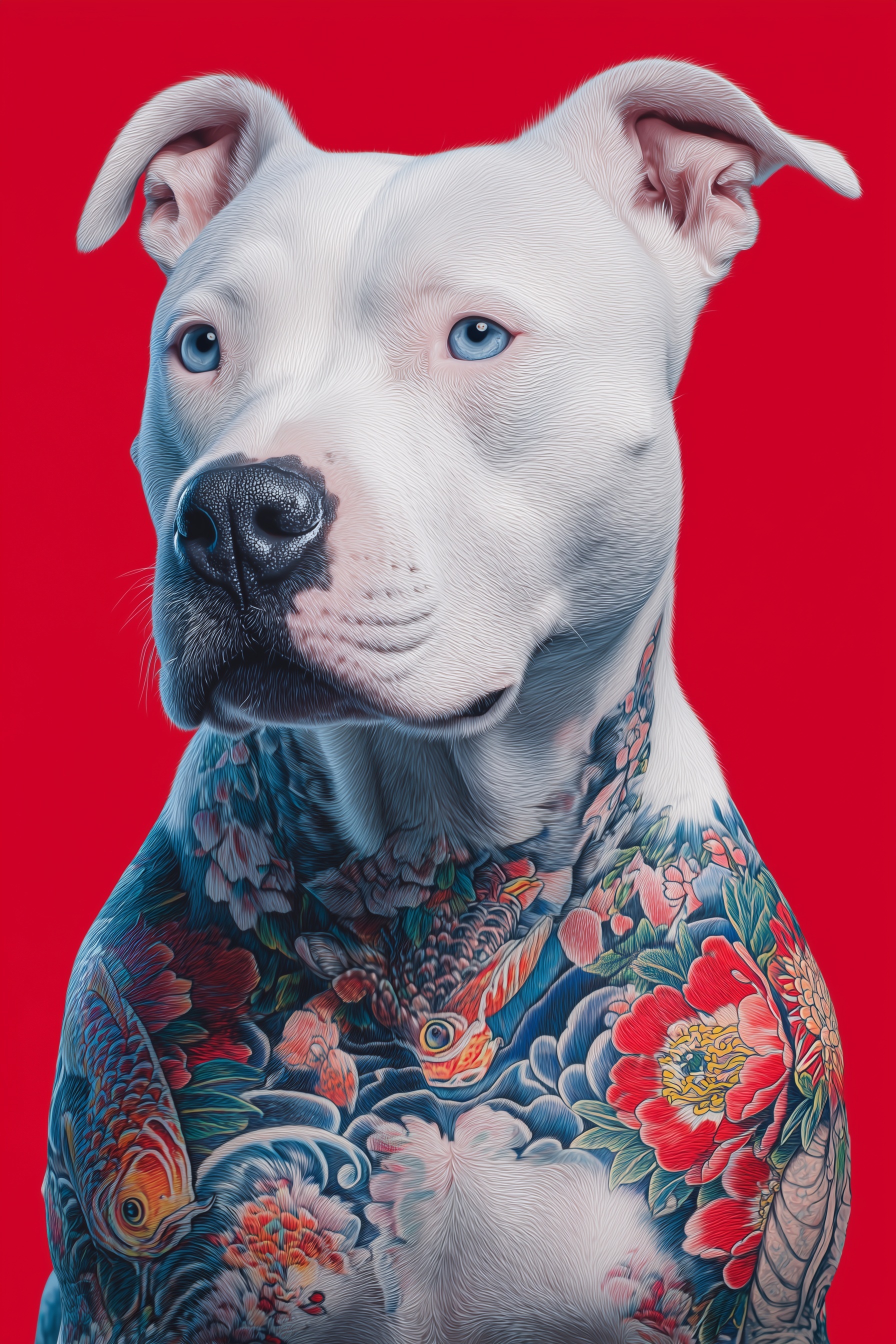 Hyper-realistic Portrait: White Pitbull with Japanese Irezumi Tattoos