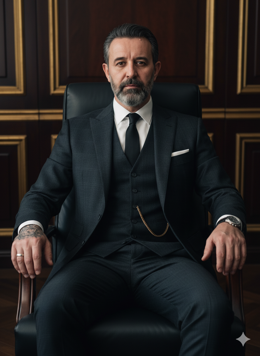 Photo Swap: Elegant Suit Pose in Leather Armchair