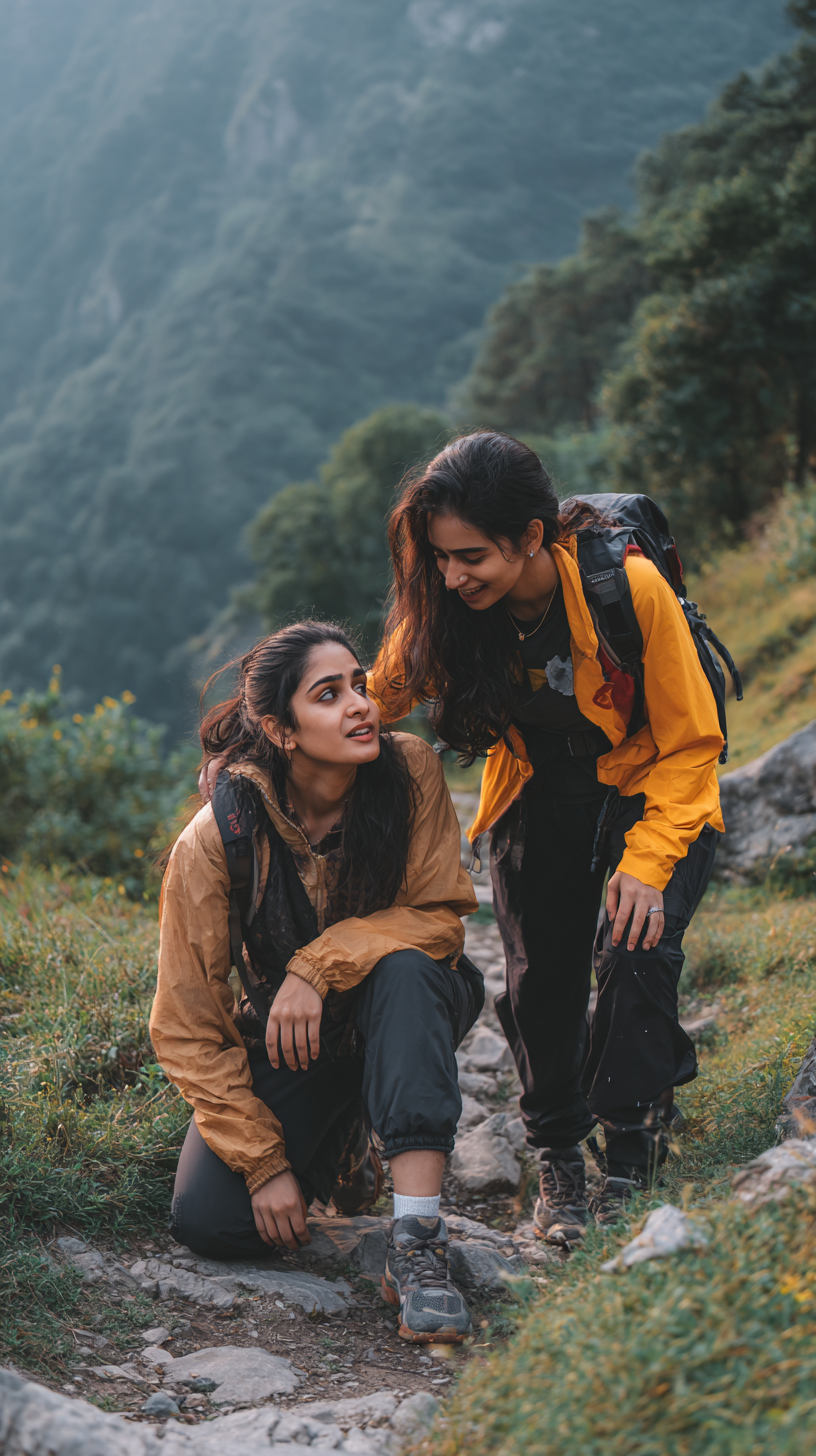 Supportive Friendship on a Mountain Trail