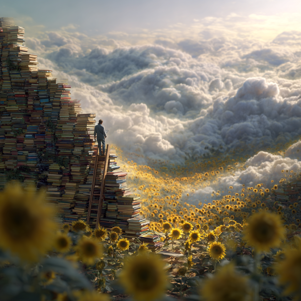 Surreal Floating Staircase of Books Over Sunflower Fields