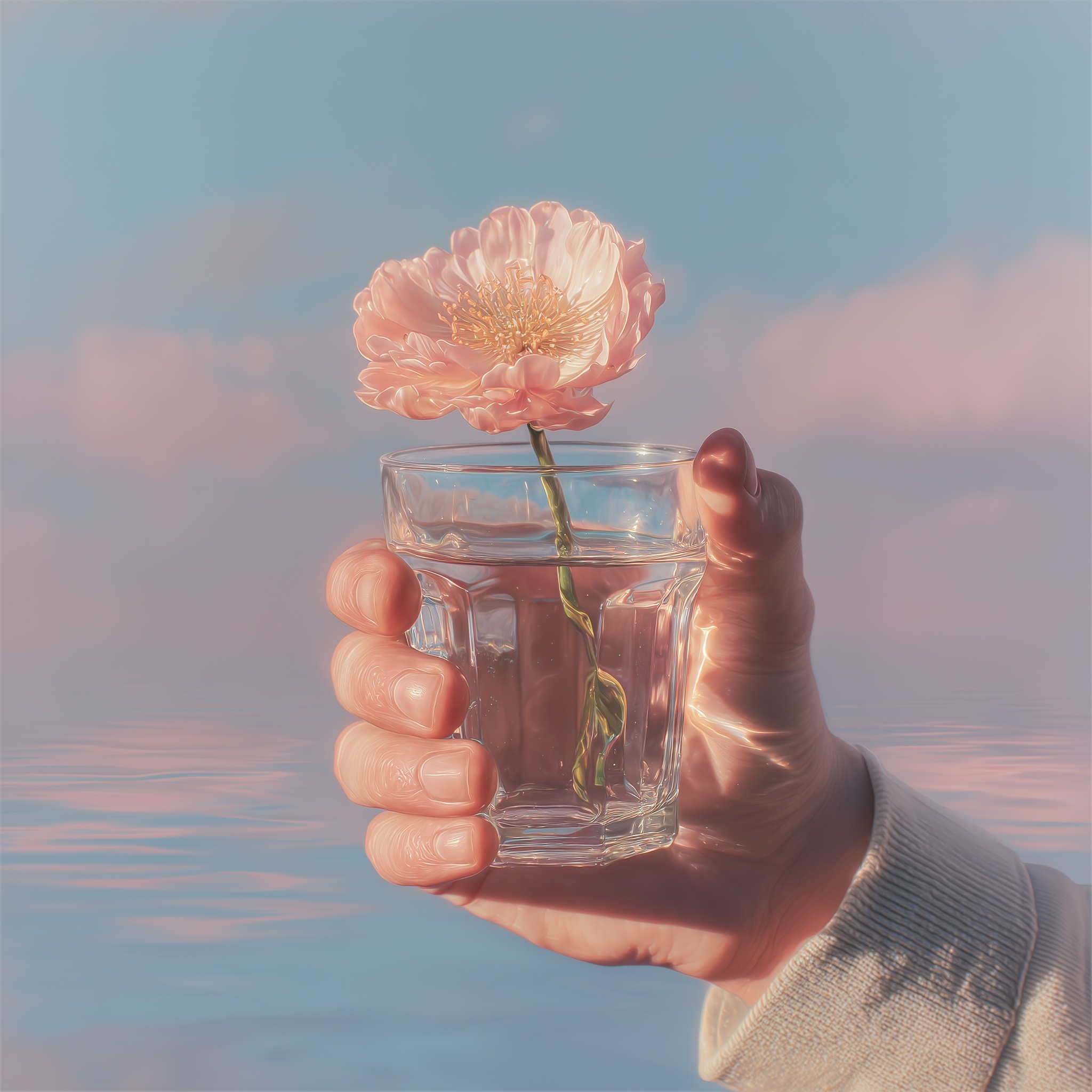Surreal Glass Hand Holding a Pastel Flower