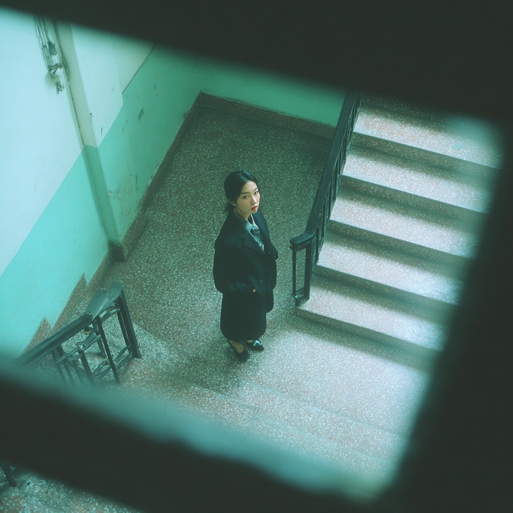 Surreal Moments: Woman in Black Suit on Stairway