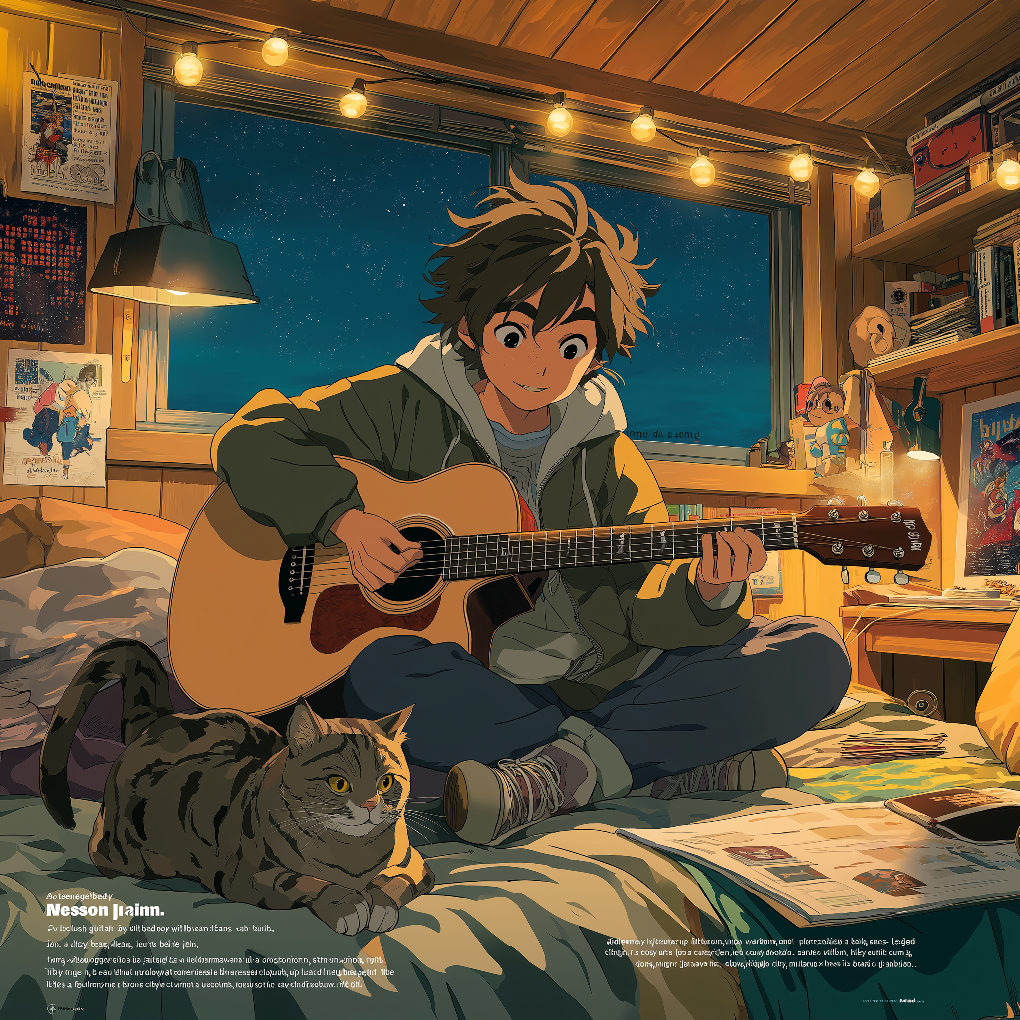 Teenage Boy Playing Guitar in Cozy Bedroom