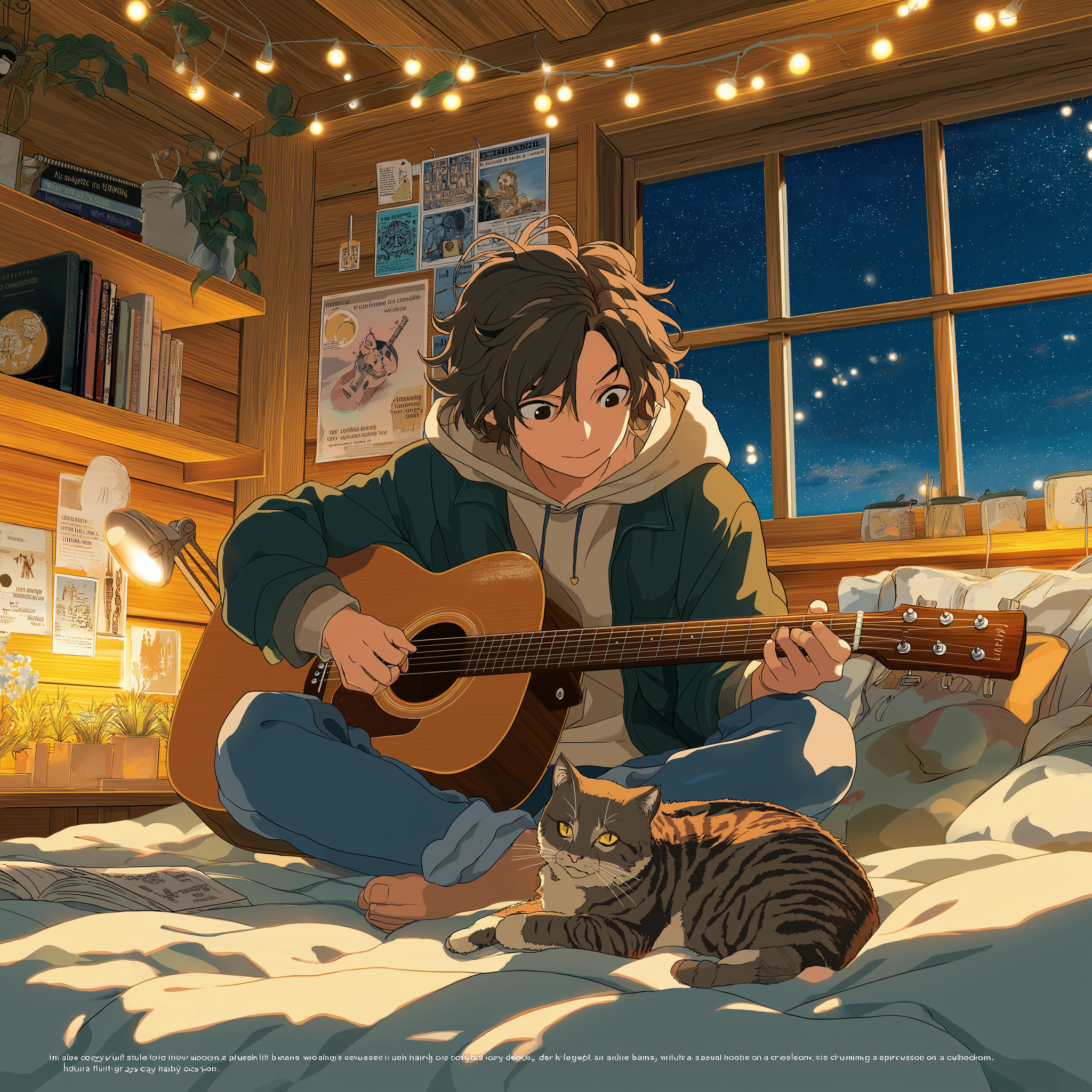 Teenage Boy Strumming Guitar in Cozy Bedroom