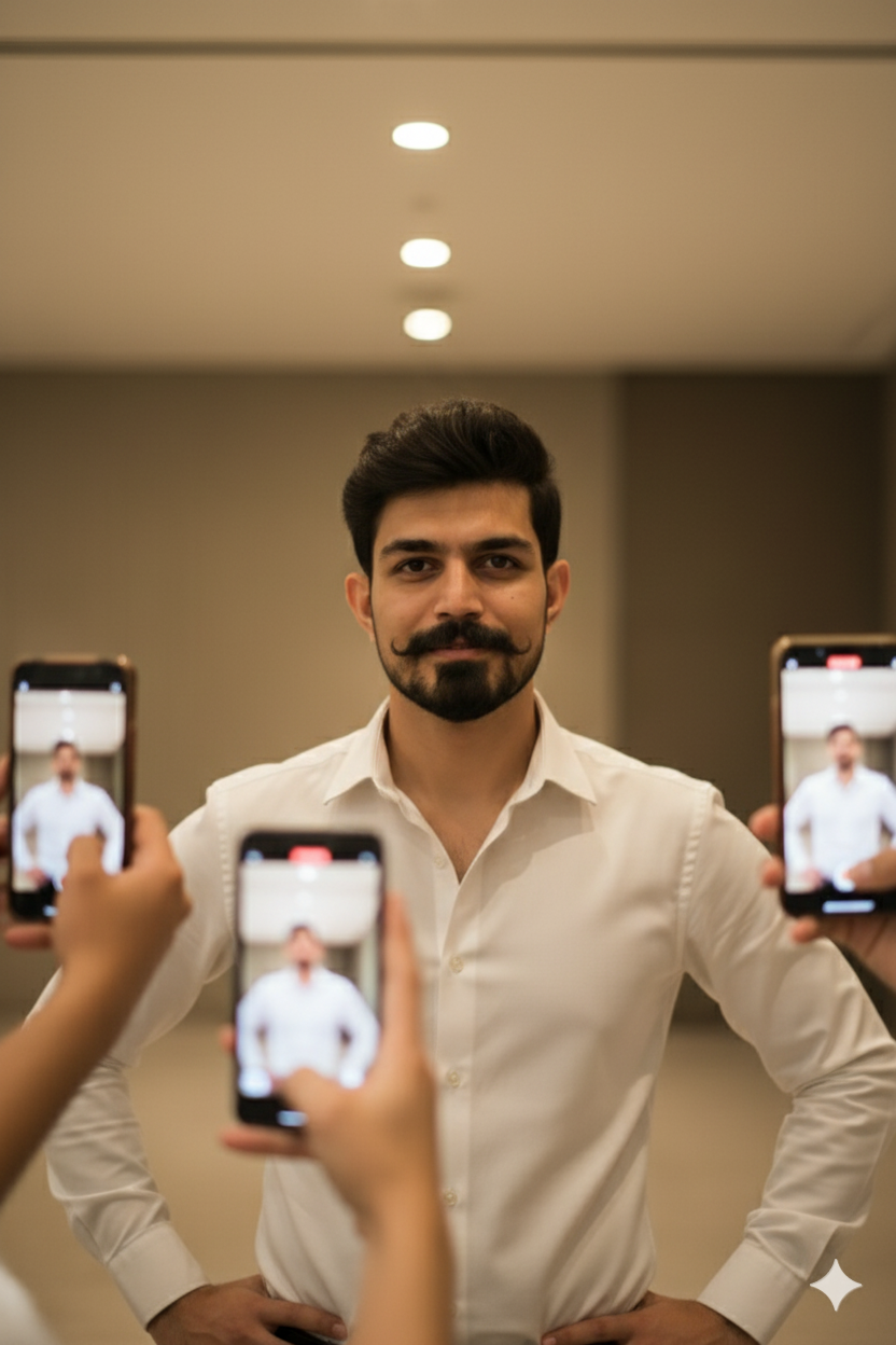 Confident Subject Amidst Phone Recording Crowd