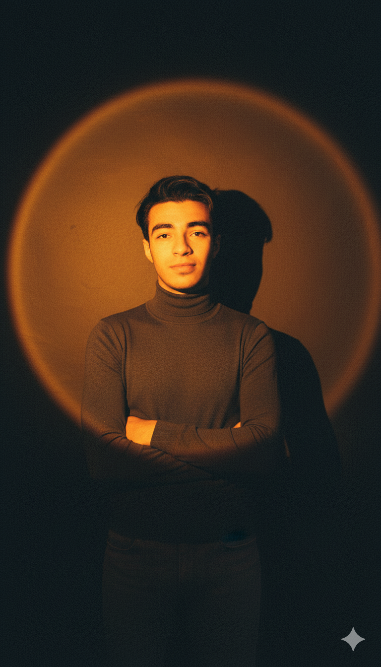 Golden Spotlight Studio Portrait with Radiant Halo