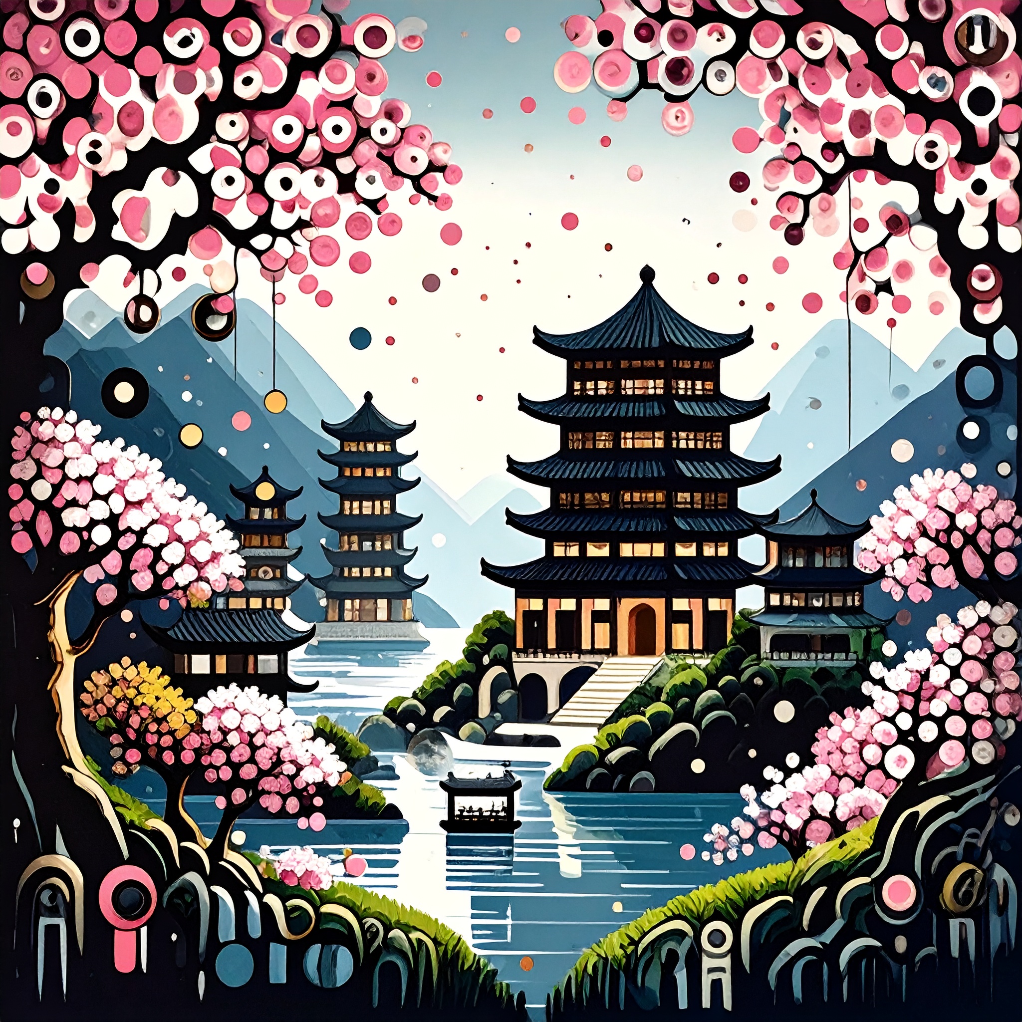 Tian (天) Chinese in fluffy layered paper style futuristic pearlescent illustration, in metallic holographic chromatic iridescent color, with beautiful landscapes and ancient structures covered with me