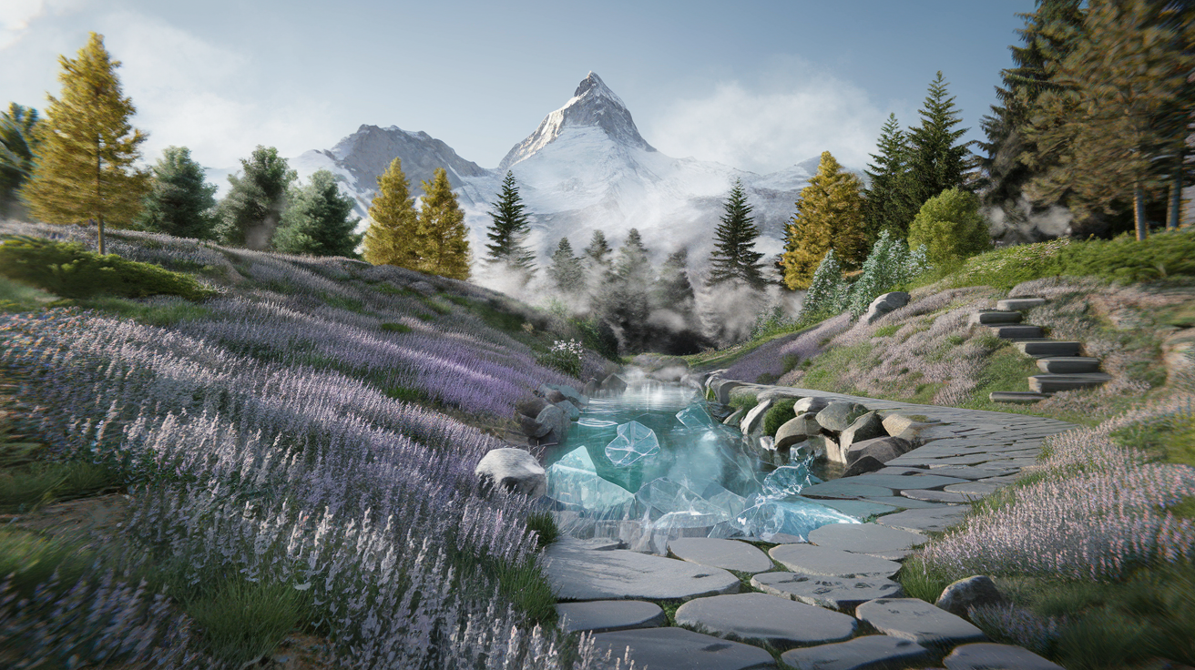 Tranquil Alpine Garden with Serene Path and Wildflowers