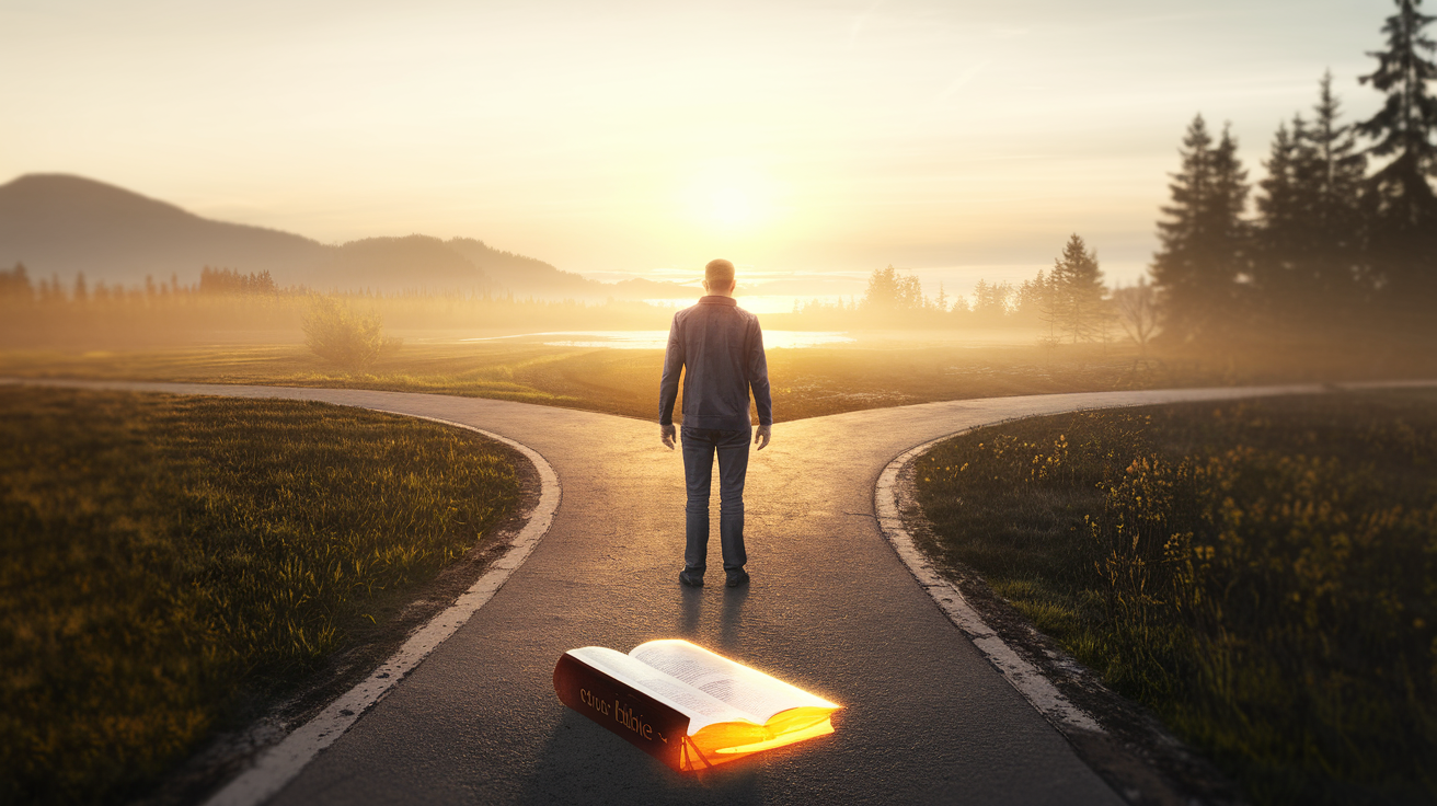 Traveler at the Crossroads at Sunrise