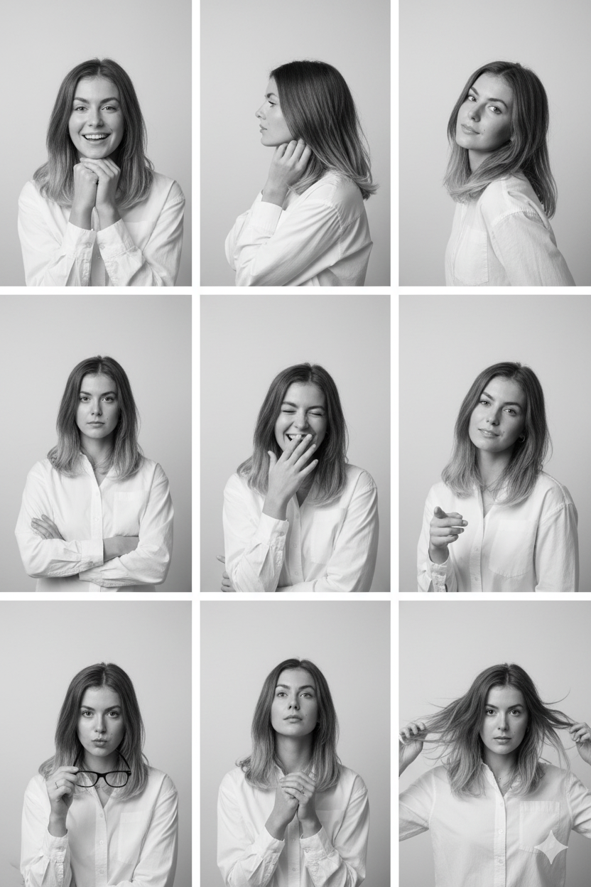 Image Transformation: Studio-Style Poses in 3x3 Grid