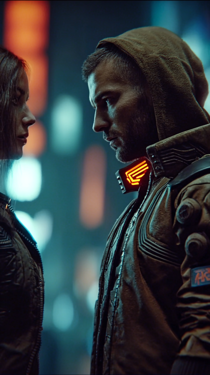 Two Figures in a Neon-Lit Cyberpunk Corridor