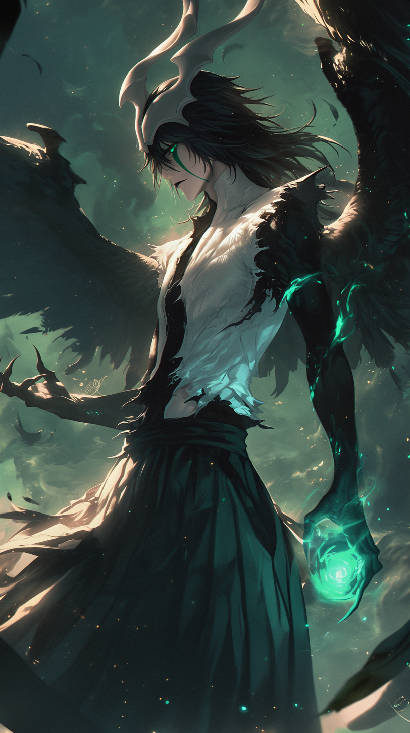 Ulquiorra Cifer with Glowing Energy Orb in Dark Vortex