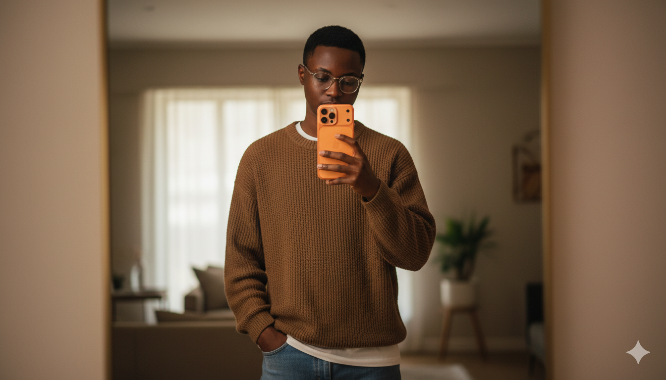 Realistic Self-Portrait: Glasses, Sweater, iPhone 17