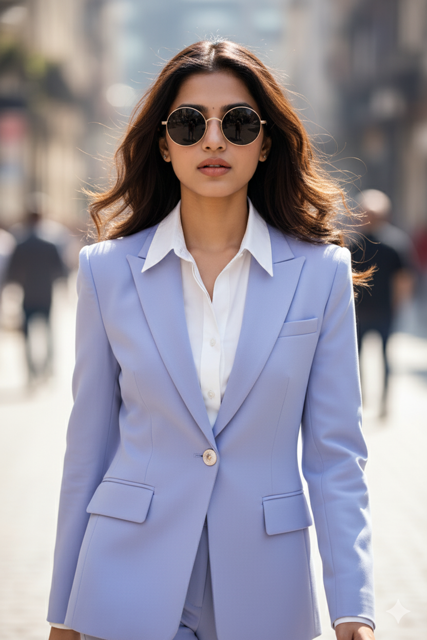 High-Fashion Editorial Portrait: Lavender-Blue Suit Outdoors