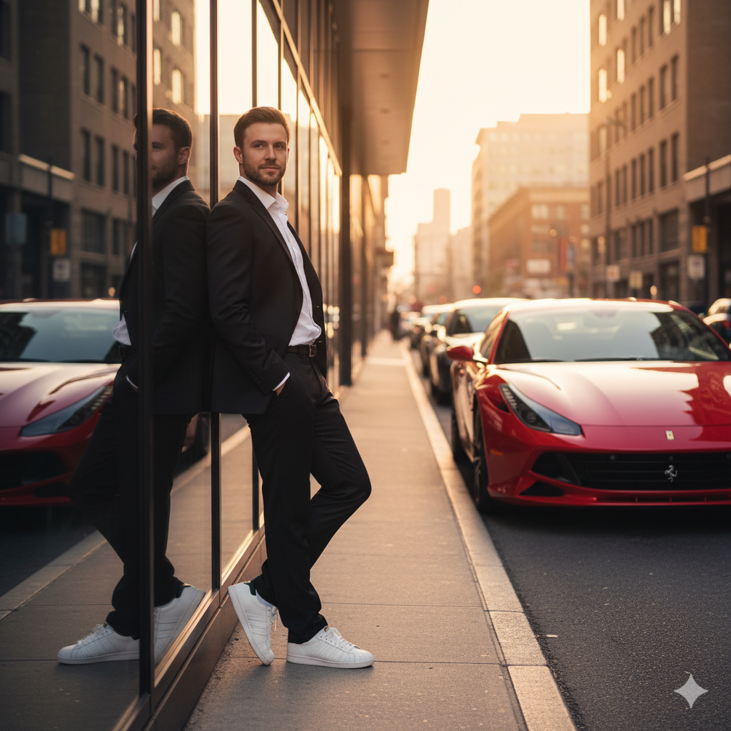 Urban Portrait: Confident Stance Against Mirrored Glass Building