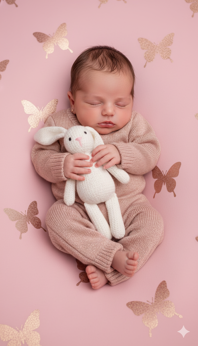 Sleeping Baby with Bunny on Rose Gold Backdrop