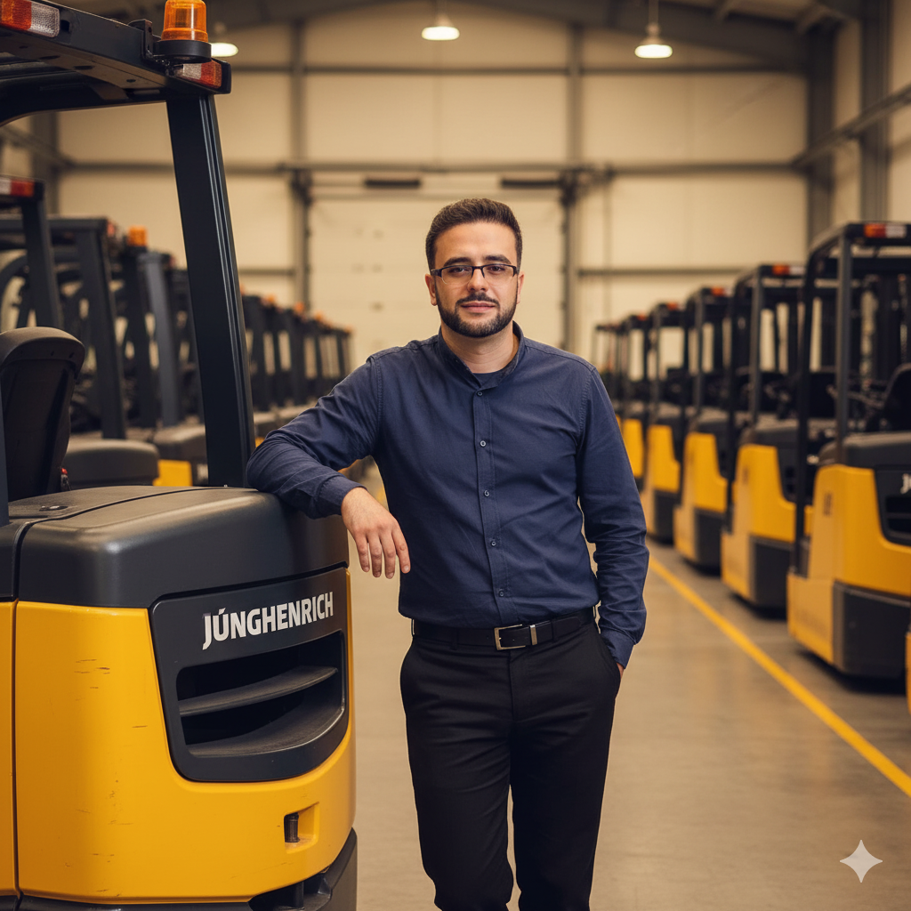 Vintage Industrial Scene: Man with Forklift