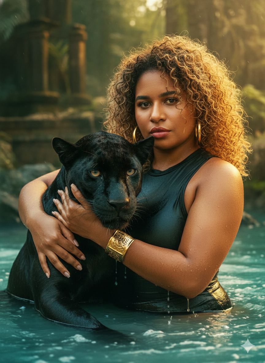 Majestic Encounter: Woman, Panther, and Turquoise Waters