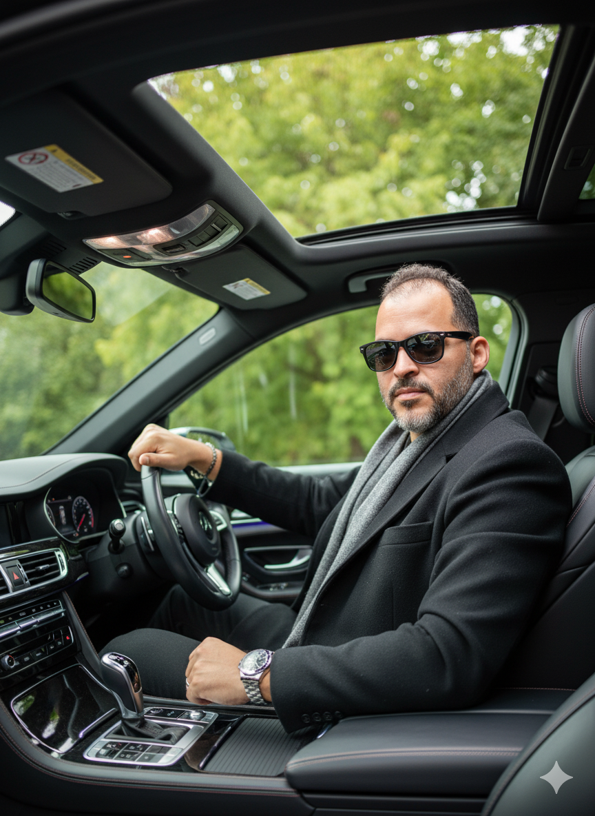 Hyper-Realistic Portrait: Stylish Man in Luxurious Car