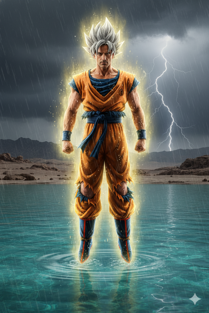 Hyper-realistic Sci-Fi Saiyan Warrior in Rainy Reservoir