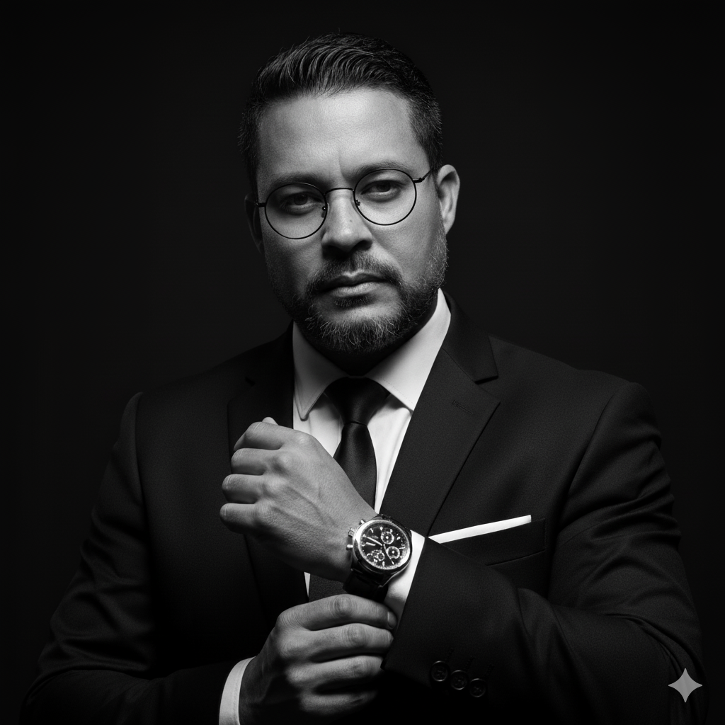 Realistic Black and White Portrait with Confident Expression