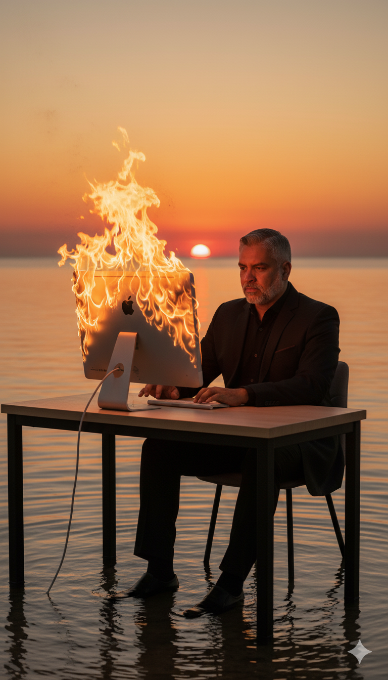 Surreal High-Fashion Editorial: Man on Burning iMac
