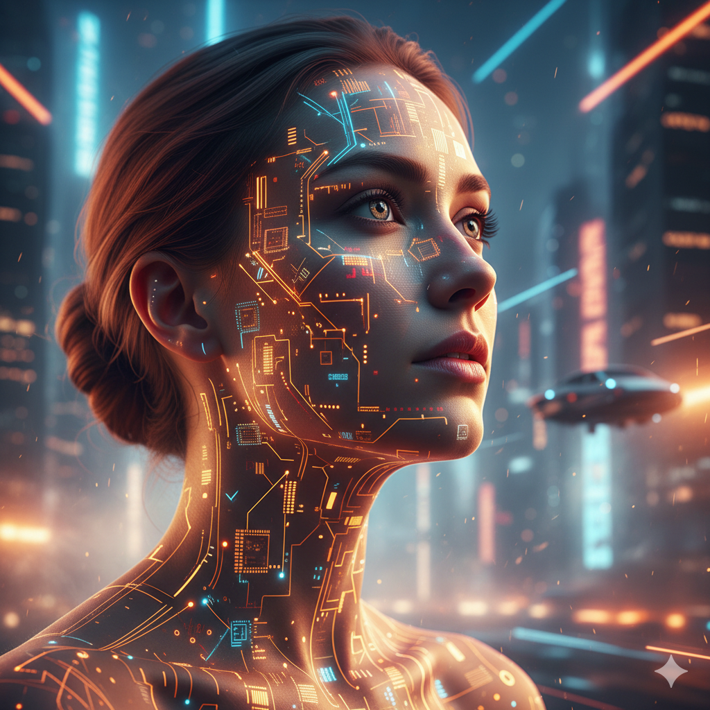 Digital Circuit Woman: A Technological Bioluminescence Portrait