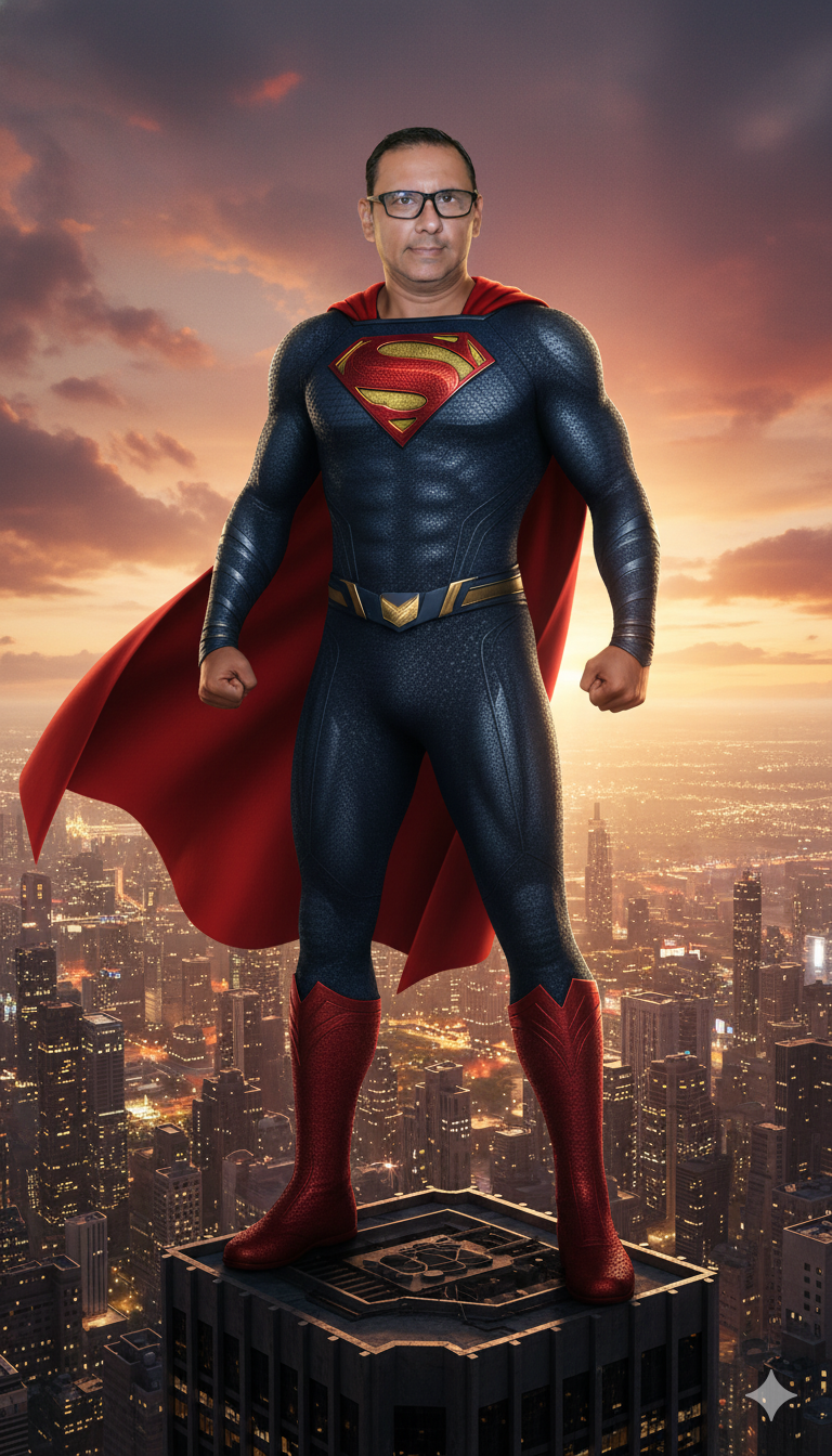 Iconic Superhero Overlooking Cityscape at Dusk