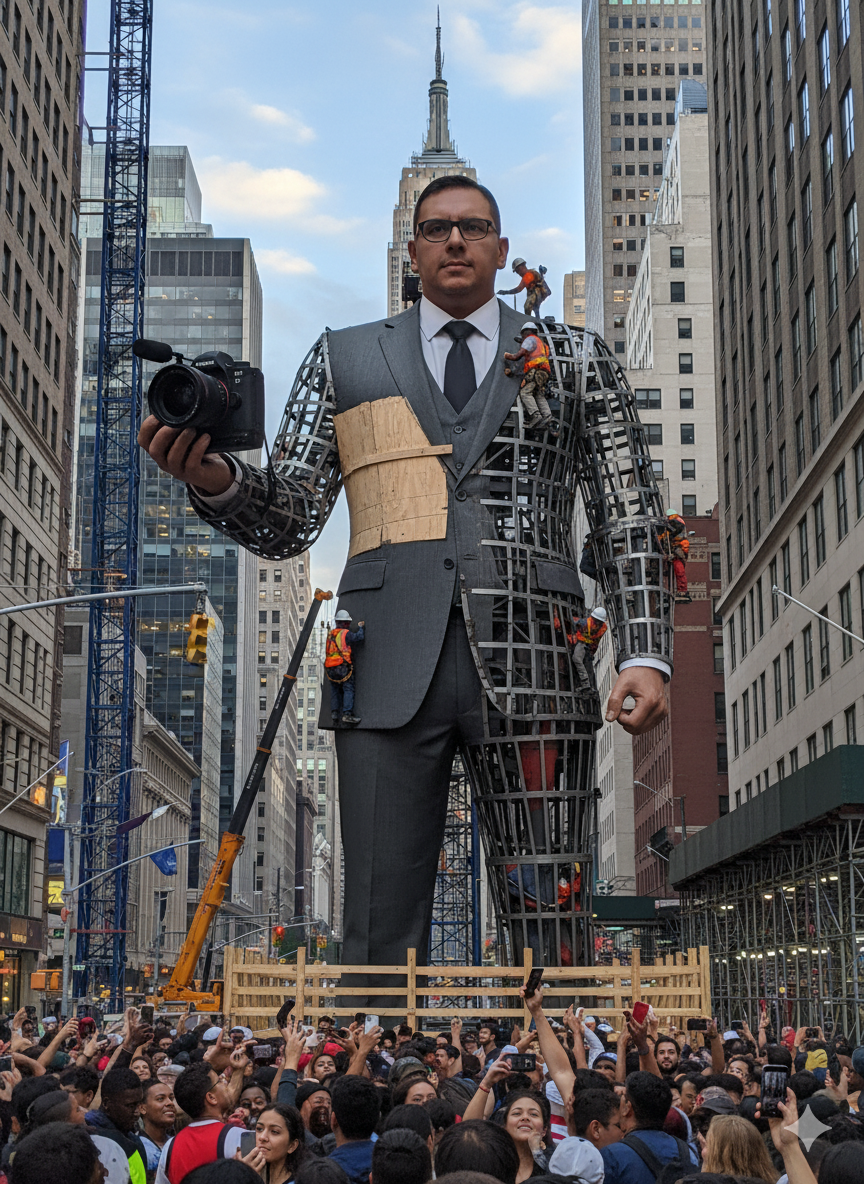 Giant Statue of Man in Suit with Camera
