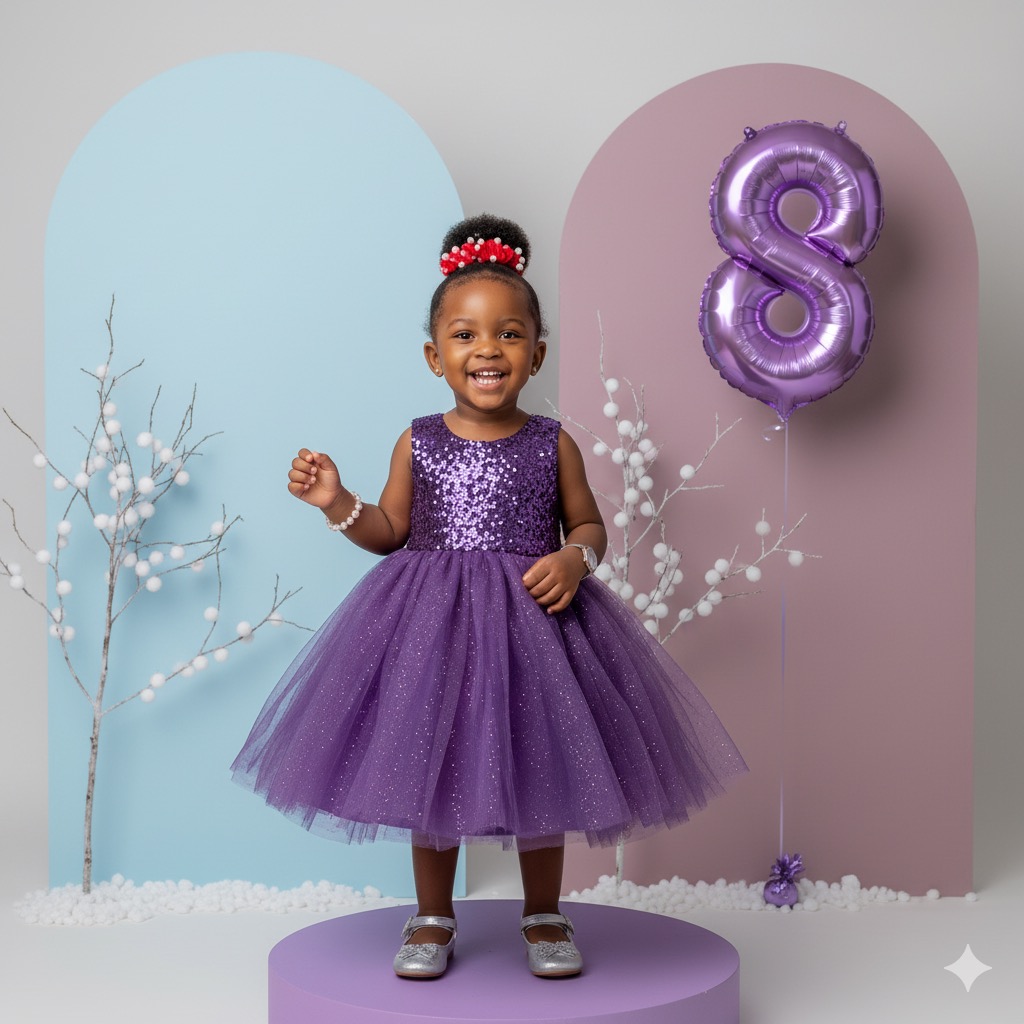 Smiling Girl in Purple Princess Dress Studio