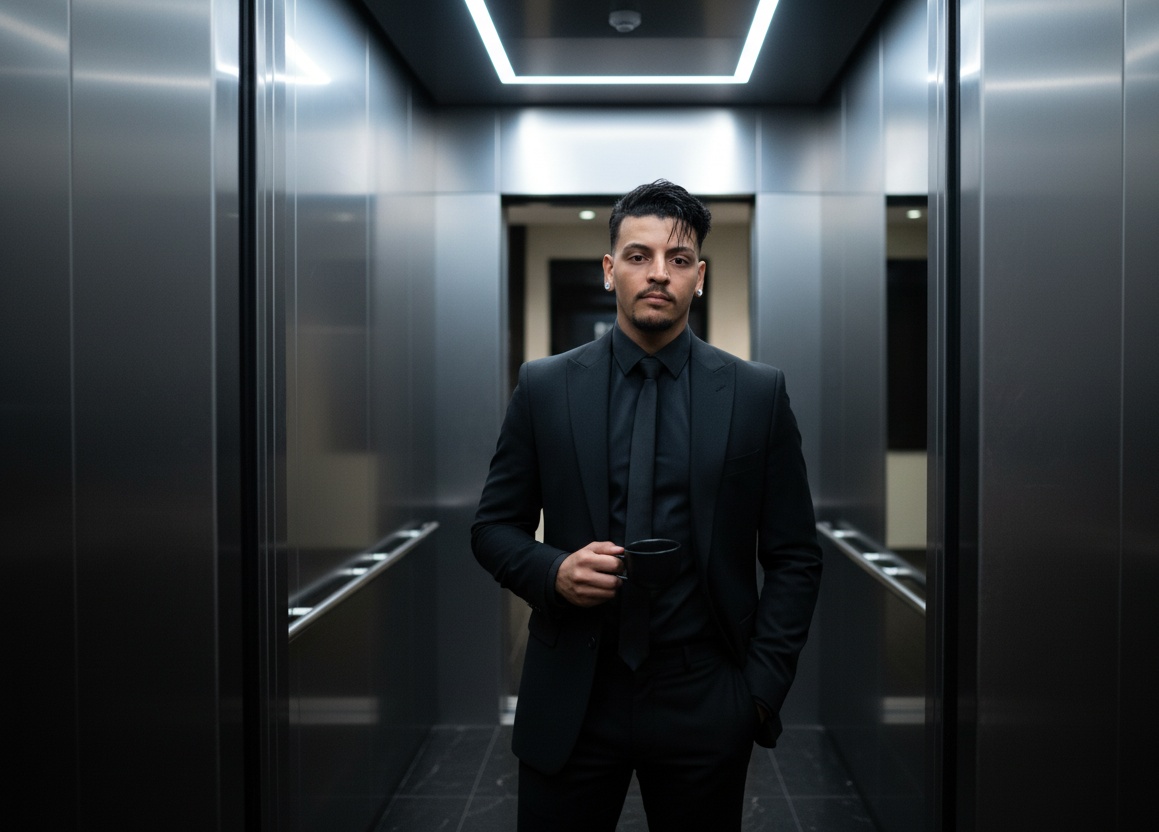 Realistic Face in Contemporary Elevator Scene