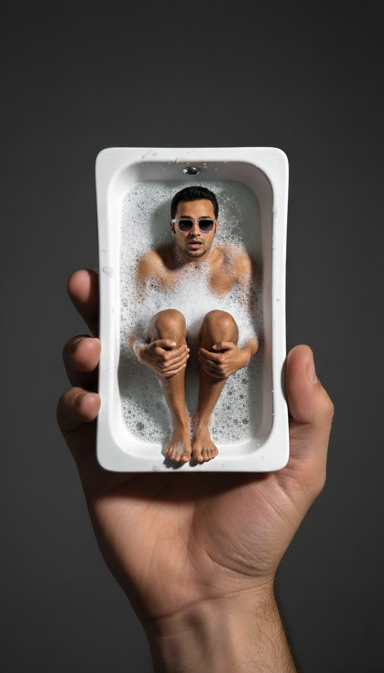 Surprised Man Submerged in Soapy Bathtub