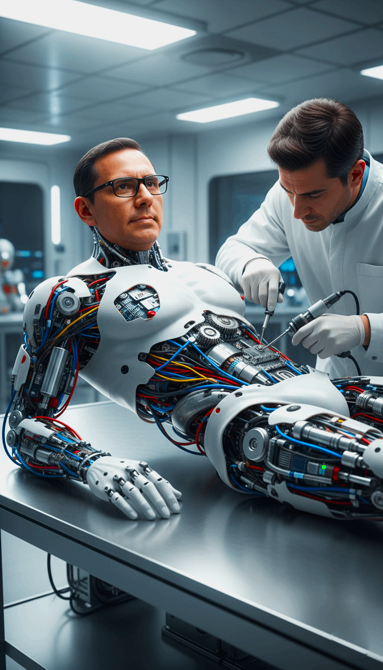 Hyper-Realistic Android in Futuristic Laboratory Setting