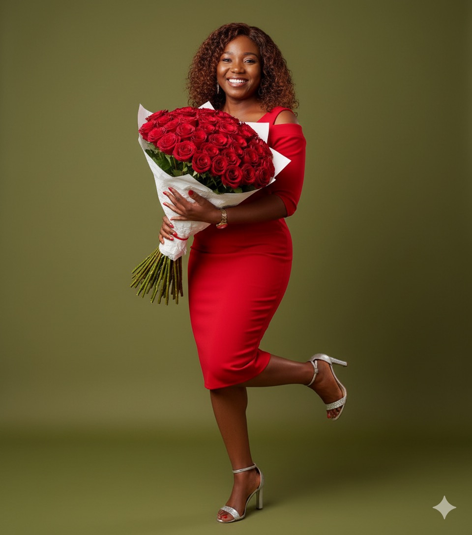 8K Hyper-Realistic Rendering: Joyful Woman with Red Roses
