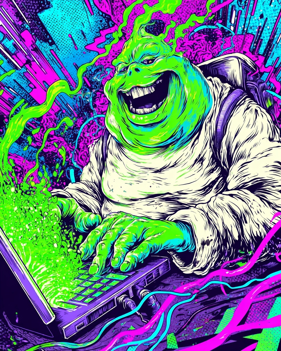 Vibrant Comic Art: Ghost Eating Computer!