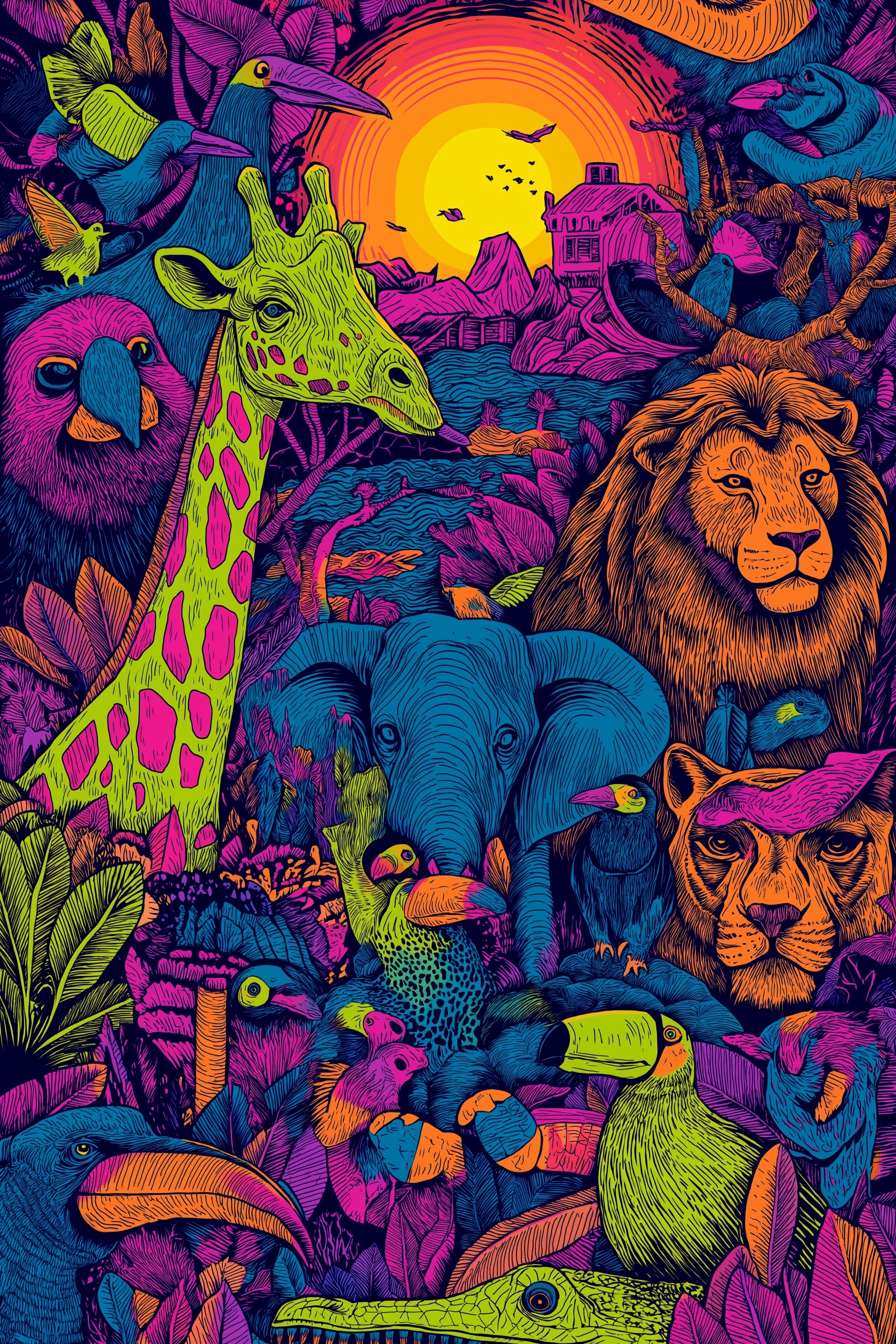 Vibrant Comic-Style Exotic Zoo Art Print