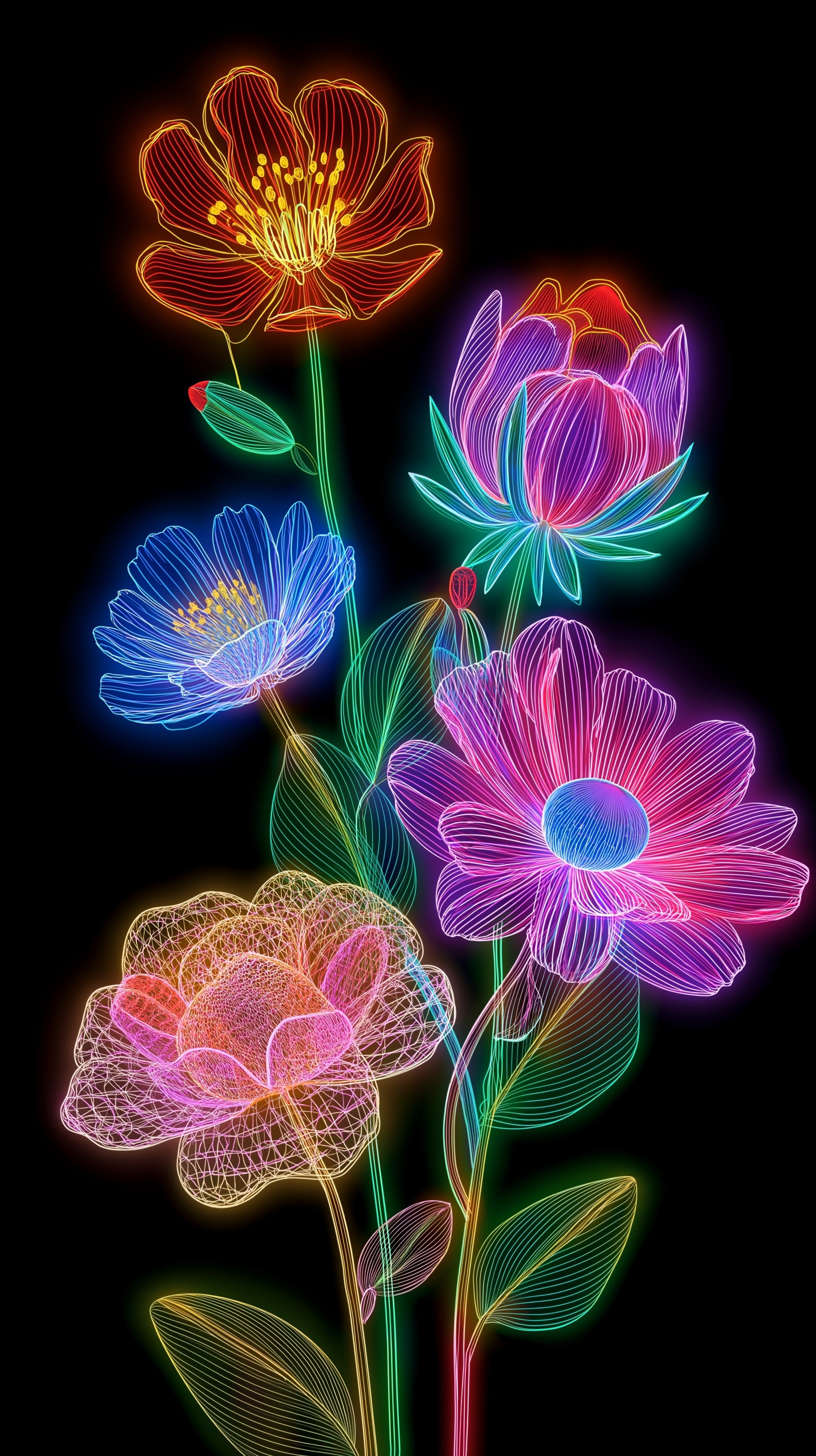 Vibrant Neon Flower Signs on Black Background